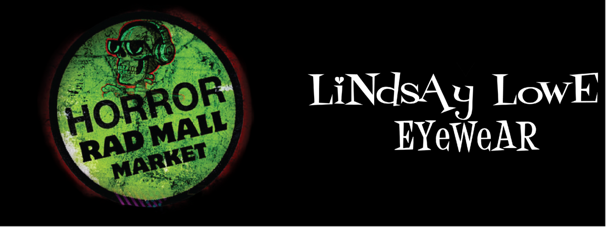 Four circular and rectangular logos arranged horizontally on a black background: Silver X Scream Con, New Jersey Punk Rock Flea Market, Horror Rad Mall Market, and LiNdsAy LowE EYEWEAR.